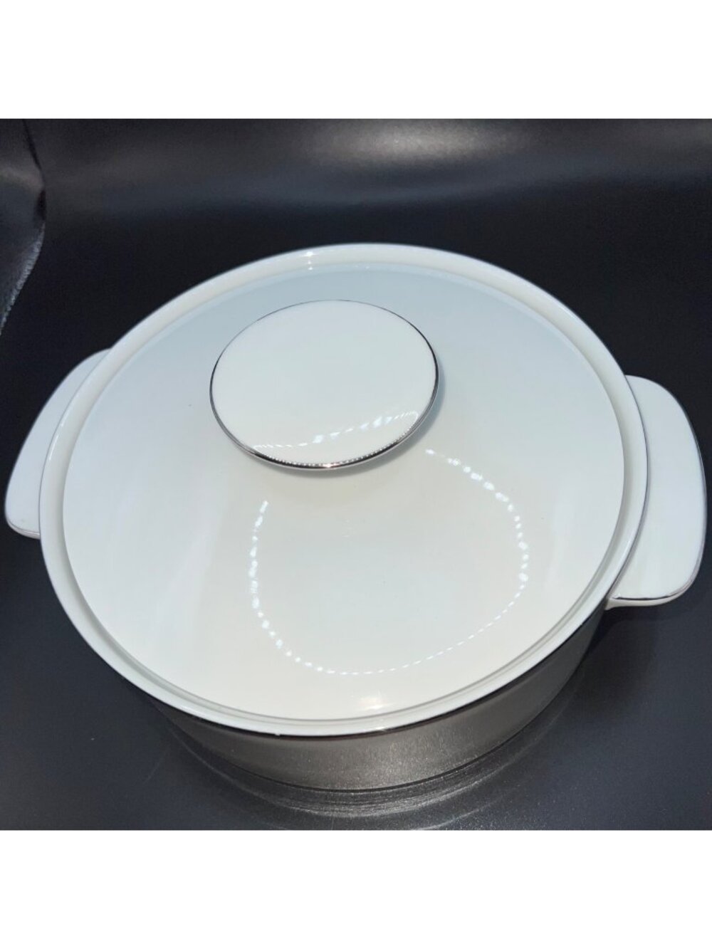 White Porcelain Round Casserole Dish With Lid Silver Trimmed Thomas Germany VTG